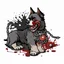 Placeholder: left facing angry Terrier dog with a ball chain collar around neck, a chain leash attached to collar, blood shot eyes, bloodied teeth, vector