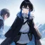 Placeholder: Clear focus, High resolution, black short fluffy hair, long locks, smiling, wearing a black coat and a white short skirt with black leggings on, wearing a white shirt, wearing a grey belt, looking confused, snow in the background, blue sparkling eyes