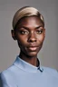 Placeholder: Beautiful caucasian woman, michaela coel, 22 years old, (pale:1.5) skin, light-blue eyes, blond (straight:1.5) short hair, slim, lady, without makeup, sitting in a chair