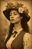 Placeholder: beautiful mixed race pale mulatto woman, straightened brown hair, with popular 19th century style blouse and skirt, thin black bow under the neck of the blouse, flowers on her head, full body, in a 16K wasteland, toned in sepia, estilo Bansky, profile view