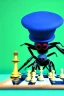 Placeholder: large hairy blue spider wearing a top hat and playing chess, photorealistic, blender render, wide angle lens, 4k, two birds, jungle,