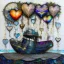 Placeholder: Abstract mixed media kintsugi art in intricately detailed and textured Seth Apter, Ernst Haeckel, Peter Wileman and John Hoyland style: "Fishing flying mantarays, fisherboat carried by heart-shaped balloons, overgrown with foliage and dangling vines, in an enchanted, magical, misty caribbean seascape, with colourful Yayoi Kusama textures, rainbow bubbles, in the clouds." Contemporary Art, incorporating collage and graphic shapes, with figurative and enchanted, mystical elements. By Susanne.
