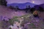 Placeholder: Night, purple flowers, pathway, mountains, rocks, little puddle, theodore robinson impressionism painting