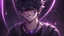 Placeholder: An 18-year-old boy with an evil appearance wearing a black crescent-shaped necklace that emits violet light with a malicious smile .