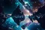 Placeholder: rocky cliff, galaxy, infinite, cosmos, people, water reflection, sci-fi.