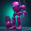 Placeholder: A hyper-realistic 3D Surreal digital painting, magenta droid mechanic, rich deep teal background, dreamlike imagery, fantastical elements, perfect body ,dymond , boots