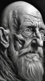 Placeholder: 𝙋𝙧𝙤𝙢𝙥𝙩 highly detailed graphite illustration, A surreal elderly figure with exaggerated anatomical features, heavily wrinkled skin, and an intense, contemplative expression. bald head, thick eyebrows, long beard merge into swirling abstract shapes. Large, expressive hands, one covering the mouth and the other gripping the forehead tensely. Mysterious, introspective, dreamlike, somewhat dark fantasy. #𝙙𝙧𝙚art #prompt