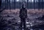 Placeholder: kid with gas mask on, covered in mud, alone in a field, dead trees, crying, photograph, 4k