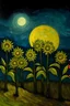 Placeholder: vincent van gogh cinco girasoles, colores pasteles en primer plano en la luna, con atmosfera misteriosa con luz calida.