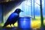 Placeholder: Generate an image of crow with eyes widened in surprise as he spots a shiny bucket near a cottage. Emphasize the contrast between the dry forest and the hint of water near the cottage.