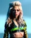 Placeholder: portrait, Shakira, blonde artist, angry, Realistic image, MMA robe, hoodie, mma gloves, loose long hair, fight pose, eyes, make-up, gold line make-up, moisture, sweat, fog, goddess, Neon colors, leds. Black background, photo studio, concept art, smooth, unreal engine 5, god lights, ray tracing, RTX, lumen lighting, ultra detail, volumetric lighting, 3d, finely drawn, high definition, 4k.