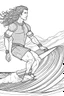 Placeholder: Outline art for coloring page OF A BUFF SURFER WITH LONG CURLY HAIR LOOKING AWAY FROM THE CAMERA IN SHORTS RIDING A WAVE IN HAWAII, coloring page, white background, Sketch style, only use outline, clean line art, white background, no shadows, no shading, no color, clear