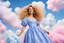 Placeholder: an impossibly tall woman with curly golden hair piled atop her head, wearing an intricately decorated blue and white gingham dress. She towered above you, a gentle smile playing at the corners of her bright blue eyes as she peered down at you. surrounded by fluffy cotton-candy clouds