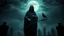 Placeholder: Hyper Realistic Statue Of The Iconic Grim Reaper Wearing A Black Cloak Standing Dramatically In A Gothic Cemetery With A Black Crow Sitting On His Weapon In A Thick Heavy Fog And Fireflies At Dark Cloudy Full Moon Night Showing Dramatic And Cinematic Ambiance.