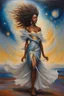 Placeholder: As she walks, her hair flows behind her like a celestial river, adding to the sense of movement and dynamism in the painting. Her presence is captivating, drawing the viewer into her orbit with her magnetic charm and grace. Overall, the painting captures the beauty and majesty of the cosmos, juxtaposed with the strength and resilience of the African female form. It's a celebration of diversity, beauty, and the infinite possibilities that lie within the universe.