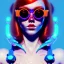 Placeholder: redhead woman teenager, freckles, retro sunglasses, padded coat, retro futuristic, latex dress, gradient color, BLUE, PINK, CYAN, neon, insanely detailed, 16k resolution, perfect eyes, cinematic smooth, intricate detail