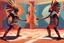Placeholder: two arafed persons arguing in ritual combat stance, afrofuturism, arafed angularity, aztec vibe, patchwork vibe, side view, aztec room with extreme body action, sharp color contrasts, amazing shadows, exaggerated limbs and heads, minimal cozy, warm palette, bright bold warm summer colors, ritual scene, futuristic tribal style, Aztec influence, sculptural helmets, spiked headdress, geometric borders, patterned red rug over dark wooden floor, tribal ceramic vases with potted plants