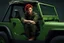 Placeholder: young rough and rugged male photorealistic red hair and green eyes smirking expression sitting in a jeep