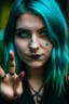 Placeholder: a vampire with turquoise eyes shows her middle finger