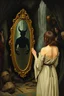 Placeholder: a woman standing in front of a mirror with reflection of her as dark creature in the mirror, in the dark cave with waterfalls in the background, Bosch painting style
