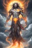 Placeholder: full body picture of a "god of the weather" who has long hair made of clouds. he also has glowing orange eyes that look like they're 2 suns. his body is made out of storm clouds with bits of lightning inside, his body also has glowing orange cracks all over it that look like they're made of the sun. he has greek god clothes on that are completely made of ice. realistic 4k