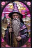 Placeholder: old man hyperdetailed face; 3D embossed textured image; bleak, dismal, dark ominous hues, contrast, vintage, elegant details, a celestial old man wizard facing the viewer with a highly detailed gaunt face and an ornate staff stands on a pink gold hill gazing down at a faraway village, stained glass, agate with pewter, foil lametta; autumn, leaves, nebula star full orange blood moon, pink orange yellow nebula sky, sunstone, spinel, fire opal, Rhodolite, pearls, sequins, gemstones, perfect anatomy