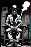 Placeholder: man with hat (wide and flat brim and a flat top) shading face, wearing a gas-mask, standing next to an electric-chair, vignette, black and white graphic novel style with a red outline on black background, gothic horror
