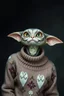 Placeholder: cat gremlin alien woman wearing a bird sweater