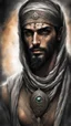 Placeholder: Quick details (((Night))), (((Dark Tones))), (((Black Filter))), (Dark Out), Luis Royo style illustration of a beautiful eye-catching ancient Arab-Islamic man figure, (((Slim frame exudes... With confidence and resilience))), Intricate full sleeve tattoo, (quad color combination), 32k resolution, best quality, stare into camera, white light. By LeCrot. (((fully dressed)))