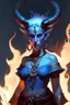 Placeholder: A full body image of this tiefling woman she has fire powers, she is floating she has lots of jewelry and the horns of a ram