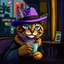 Placeholder: smiling cyberpunk cat in purple bowler hat with blue cyber eye sitting in cafe drinking coffee, image in Pablo Picasso style