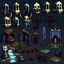Placeholder: sprite sheet, 2D art, top down assets for a post-apocalyptic dungeon crawler, underground, churches, fighting demons