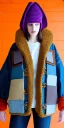 Placeholder: Brunette she. average body type. big head. Mantle is sewed of upcycled Denim and sewed together of camouflage pieces. Pieces' color are orange,terracotta, cream and purple. It is with big bright purple felt tippet and cream-colored-hood. mantle is merged with satchel. . Big AKG-style headphones (gold rings!) is merged with small felt cap with small visor. Style: Haute Couture in 1910's, Paris fashion in 2030, inspired by street art. Cream latex gaiter. Her head and rest body!