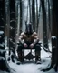 Placeholder: man sitting on a throne in a middle of a snowy forest, muscular athletic physique, wearing a ancient iron helmet over face,