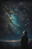 Placeholder: Double exposure of a female person's profile and a utopistic starry night sky, dramatic mood, dark depressive style, highly detailed intricate, surreal, stunning