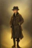 Placeholder: photorealistic oil painting of oliver twist, 1800s clothes, atmospheric lighting from street lamp, foggy morning