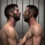 Placeholder: realistic, two italian prisoners 44 years old kissing in prison behind bars, dirty, ugly, bullneck, muscular tubby, in tank top, long hairs, manly chest, misery and poverty, emotive eyes, photo 50mm lens, side view, photorealistic, ultradetailed