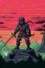 Placeholder: Ninja with katana in pixel art on a wild planet