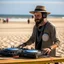 Placeholder: A short brown beard DJ with a hat on his head, sing at microphone, many electronic consoles around, empty dunes beach, FRONT VIEW