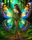 Placeholder: Full body Gorgeous Photography Realistic Natural Beautiful butterfly girl straddle wings with shiny brown flowing hair, glitter colorful butterfly wings, lovely glowing green eyes, surrounded by magical colorful forest and flickering lights, digital photography, kaleidoscope, vibrant colors, vivid colors, colorful, she walk in magic forest