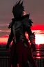 Placeholder: Vampire, knight plate armor, shining silver withblack trim, pointed helmet, crimson half-cape, standing on a rooftop facing towards a sunset in the background