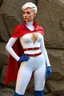 Placeholder: platinum blonde headed Karen Starr, crew cut style platinum bleach-blonde hair fade cut on the sides and back, wearing an extremely, extra short, skintight, formfitting long-sleeved, white bodysuit with a high collar and a plunging neckline, blue elbow-length gloves, a red belt with a gold buckle, a red collerless cape, knee-high blue boots