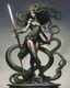 Placeholder: detailed persona, female, sword in hand, gorgon medusa, half turn, full height, leans on one leg, snakes on the head instead of hair