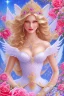 Placeholder: Magnifique woman, lady fairy, facing happy, voluptuous white, pink enchanted flowers, wings magic, long big dress, pink outerspace stars planets, Beautyful smiling, young woman, long hair amazing blue eyes, flowers, happy cosmic, bright colors, blue, pink, gold, jewels, realistic, photo real, clear sunny background, highly detailed, high contrast, 8k high definition, unreal engine 5, extremely sharp detail, light effect, sunny light background