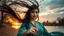 Placeholder: Hyper Realistic Photographic Close Shot View of a Beautiful Young Pashto Woman in with beautiful eyes, long black hair whirling in air, wearing a (sea-green Colored) cultural Pashto Attire dancing on the Riverside at autumn weather with dry orange leaves falling from trees & breathtaking beautiful cloudy sunset showing dramatic & cinematic Ambiance.