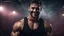 Placeholder: Hyper Realistic handsome muscular man in black-tank-top giving ATTRACTIVE-SMILE in a dark gym full of maroon-fog at night showing dramatic & cinematic ambiance