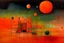 Placeholder: A salmon orange color space station in a galaxy filled with planets painted by Paul Klee