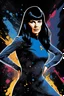 Placeholder: Pitch black background - multicolor splatter painting - 30-year-old Wendy Wendison, who resembles Spock, with long, straight black hair, deep cobalt blue eyes, wearing a long-sleeved, blue, slit, mini dress with a plunging neckline and a star trek upside down V-shaped communicator badge on the left side of the chest - Oil Paint on Canvas, in the art style of Boris Vallejo, Frank Frazetta, Julie bell, Caravaggio, Rembrandt, Michelangelo, Picasso, Gilbert Stuart, Gerald Brom,