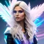 Placeholder: A beautiful portrait of a cute smiling cyberpunk woman with wings, long blond haire, high key lighting, volumetric light high details with white stripes and feathers and blue celtic paterns and luminous glasses in a starry background