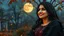 Placeholder: Hyper Realistic Photographic Close Face Shot Of A Beautiful Pashto Woman With Beautiful Black Hair Wearing A Black With Silver Red Embroidery Dress And Black Dupatta, Happily Looking At Full Moon Sitting On A Bench And Enjoying Beautiful Full Moon In A Beautiful Garden With Orange Dry Leaves Falling From Trees In Autumn Season At Cloudy Night With Fireflies Around Her Showing Dramatic And Cinematic Ambiance.